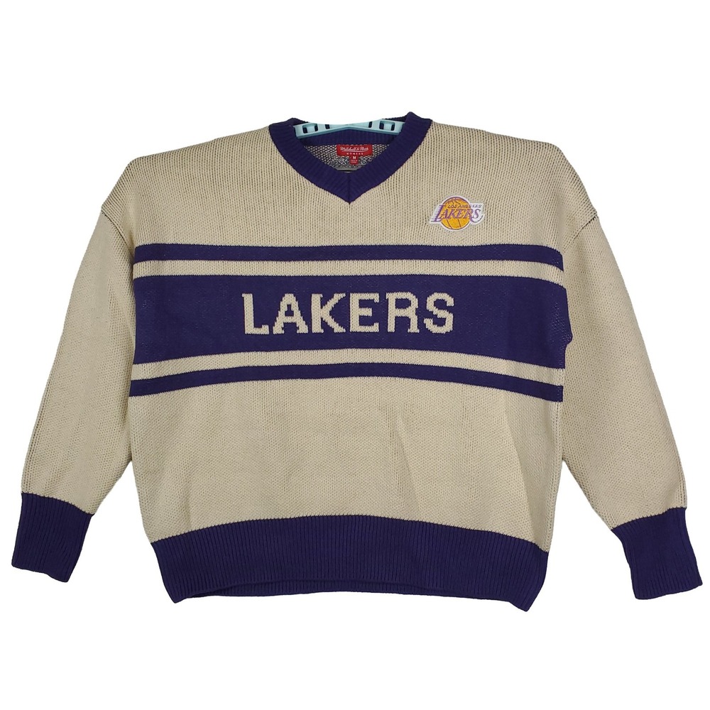 LA Lakers Mitchell & Ness NBA Medium‎ Womens Knit Sweater Cream Purple New
